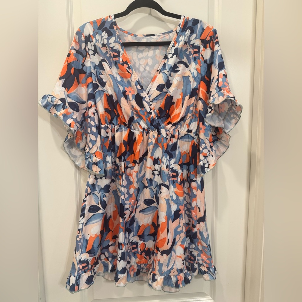 SHEIN Orange and Blue Flutter Sleeve Wrap dress